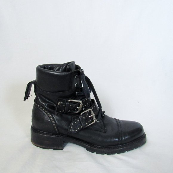 SOLD FRYE Black Leather 'Samantha' Studded Combat Biker Moto Boots -9 1/2 - Picture 4 of 15